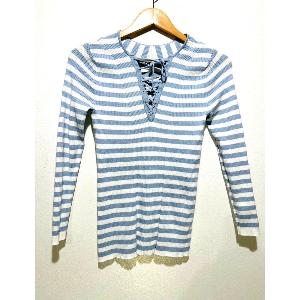 VTG Y2K Cato sweater coastal blue stripes summer tie neckline casual women XS